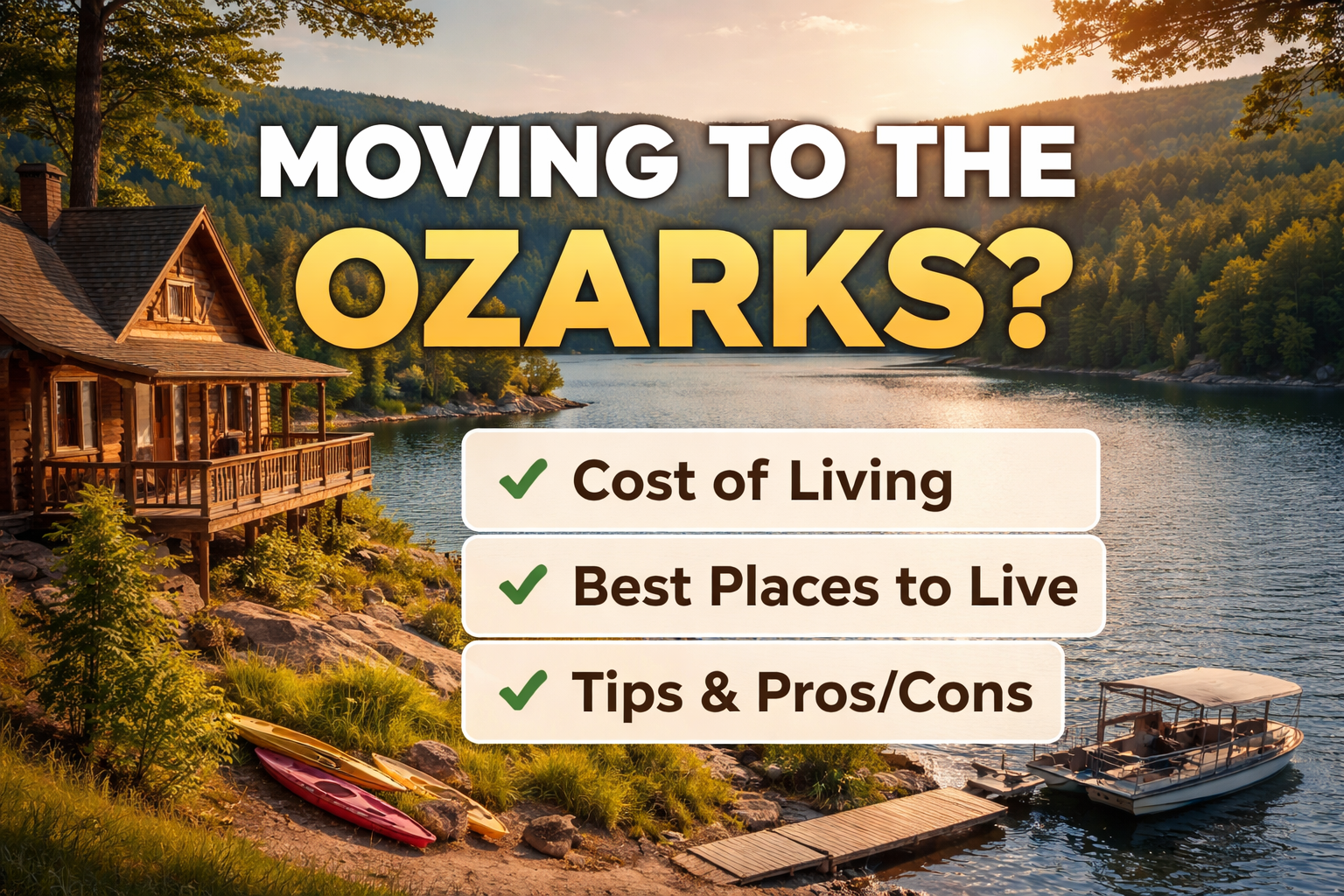 Moving to the Ozarks guide featuring a lakefront cabin, scenic hills, and tips on cost of living and best places to live