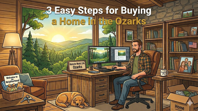 Remote worker in his office after buying a home in the Ozarks