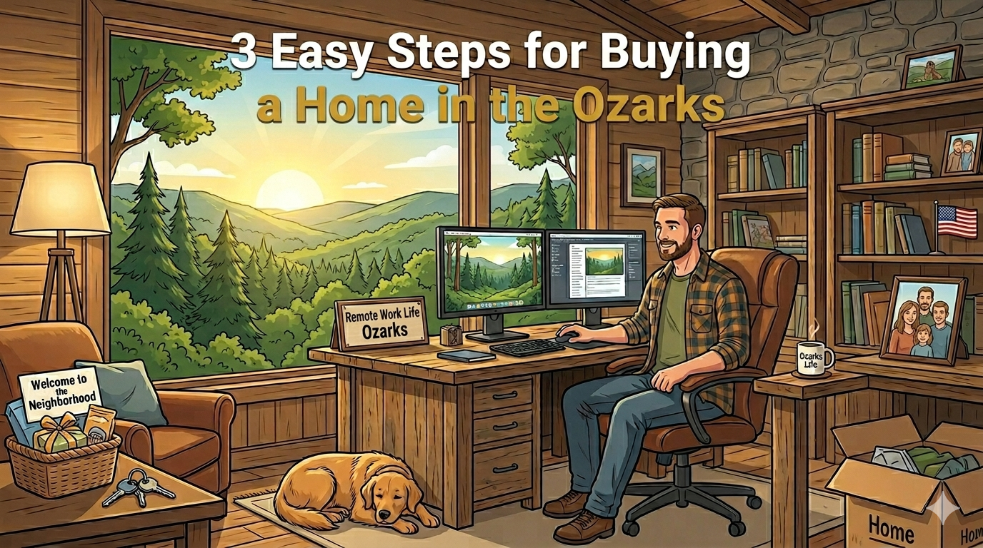 Remote worker in his office after buying a home in the Ozarks