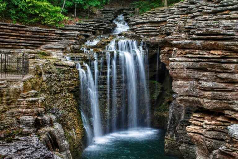 Waterfall near Ridgedale, Missouri, in the heart of the Ozarks - a sample of the landscape that draws in visitors and out-of-state newcomers to this area